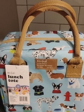 Blue Dog Print Lunch Tote with Tan Handles